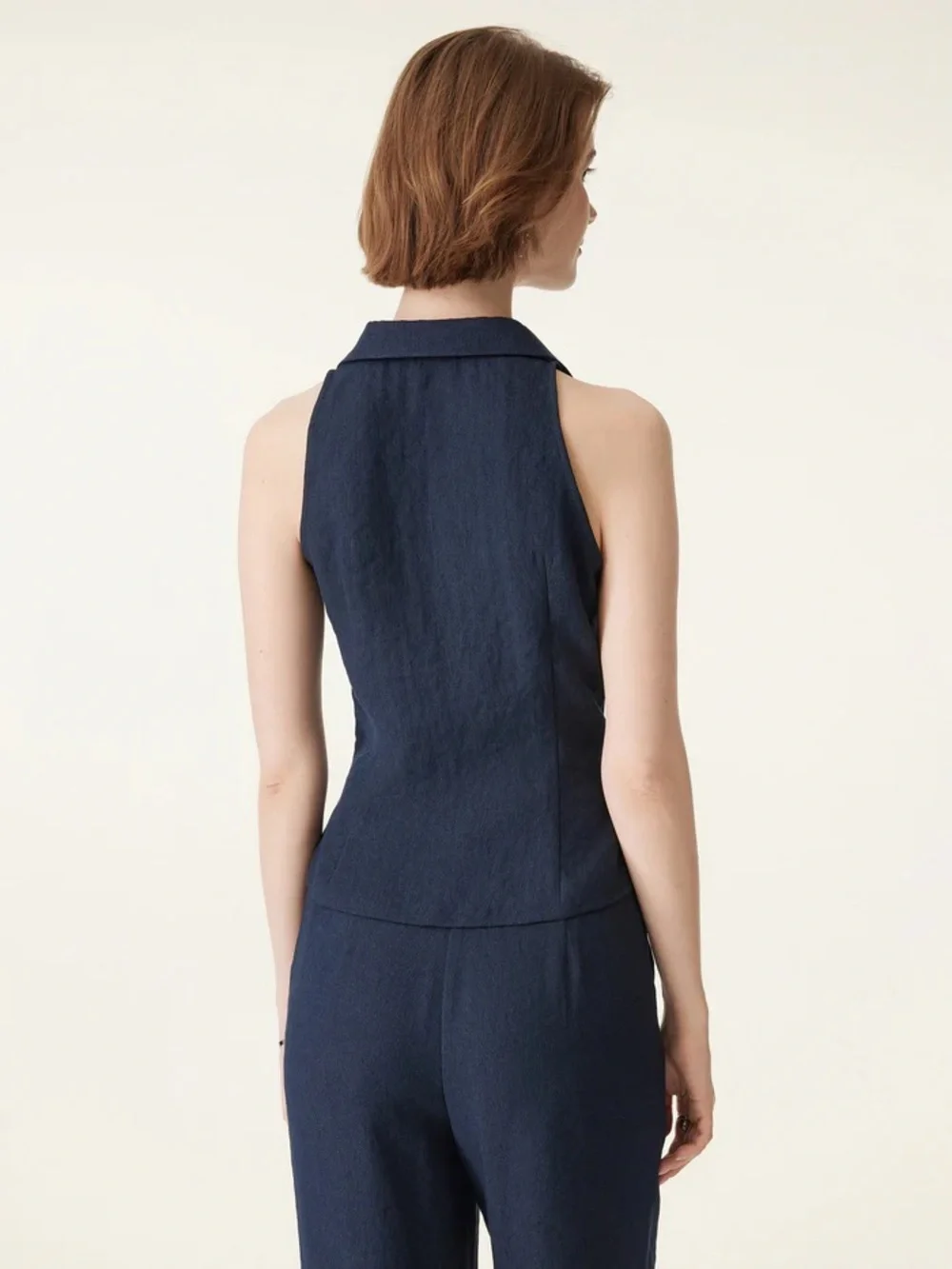 OGL Navy Collared V-neck Pleated Sleeveless Top with Drawstring Size Medium - Picture 2 of 3